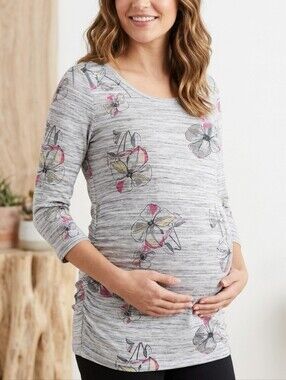 Motherhood Maternity Heather Gray Floral Scoop Neck Tunic with Pink Accents